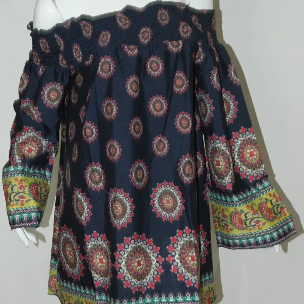 Band of Gypsies Zoe & Rose Dress Blue‎ Floral Off The Shoulder Bell Sleeves Mini